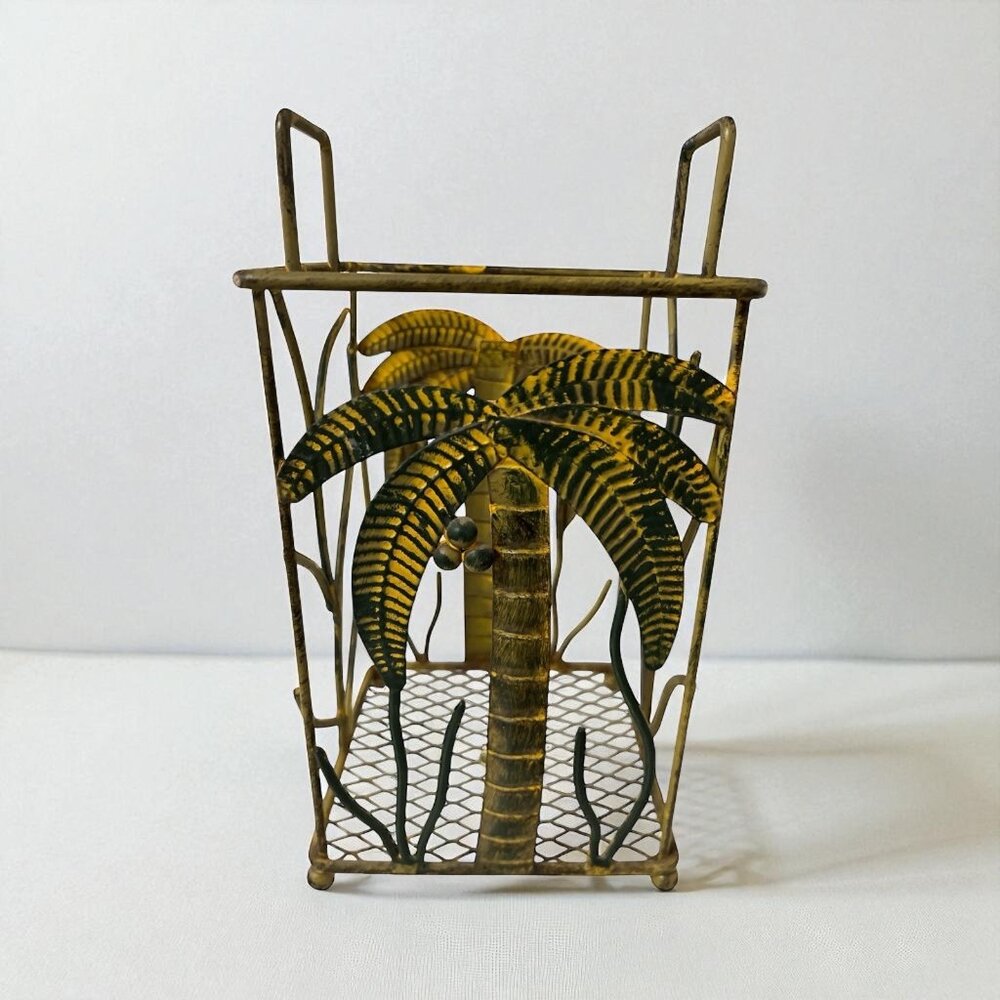 Vintage Metal Palm Tree Holder – Tropical Coastal Decor Wire Basket